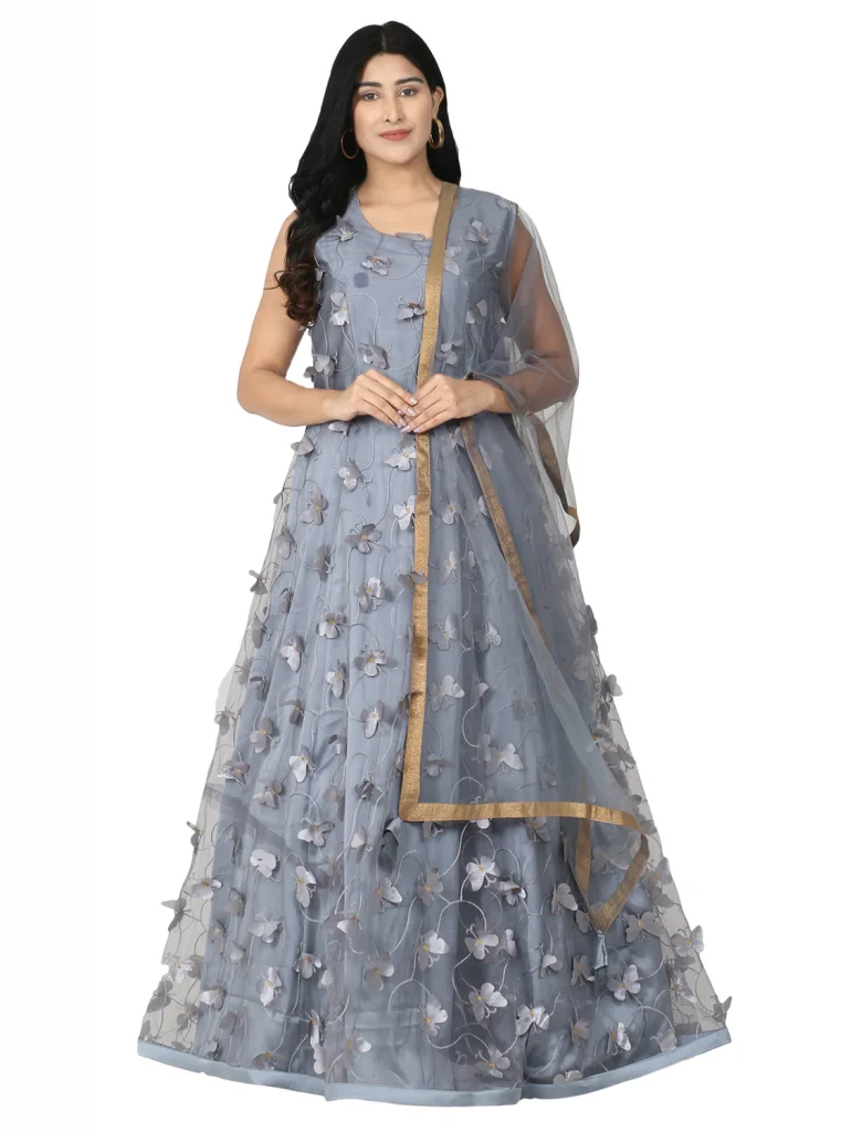 Embroidered Net Flared Gown