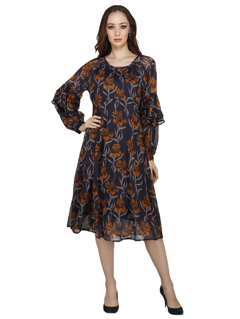 Round Neck Floral A-Line Dress