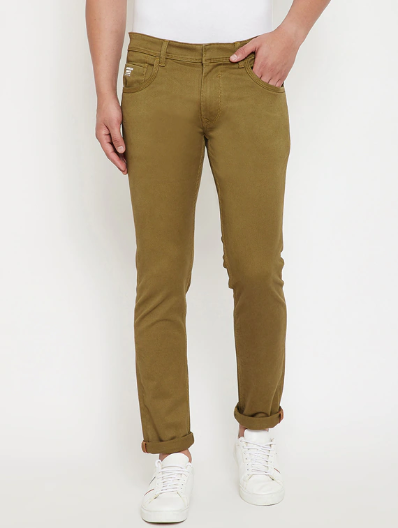 Olive Green Plain Denim Jeans