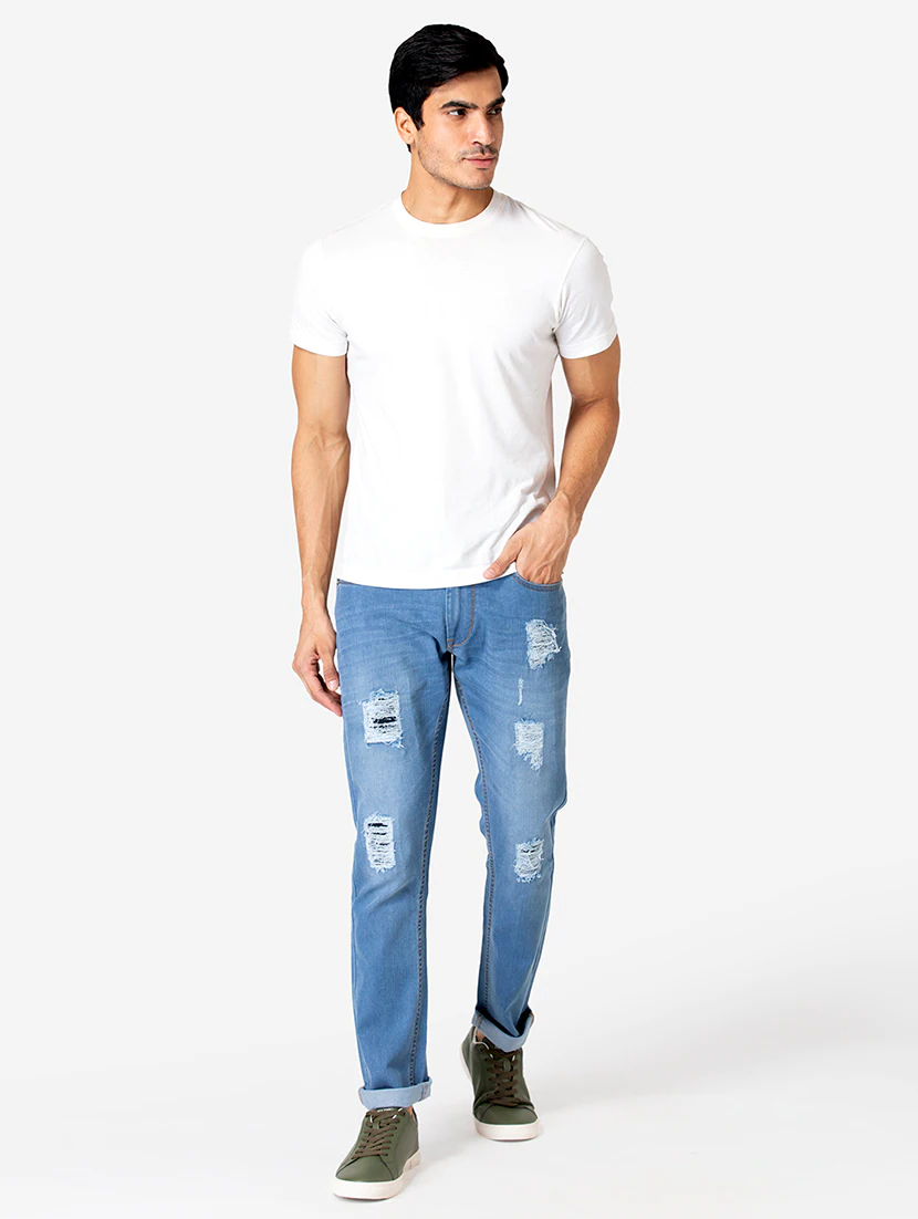 Blue Light Washed Distressed Denim Jeans - Image 3