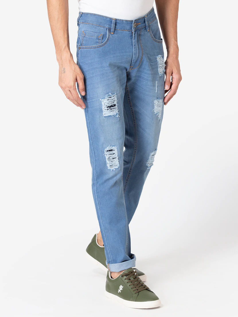 Blue Light Washed Distressed Denim Jeans - Image 5