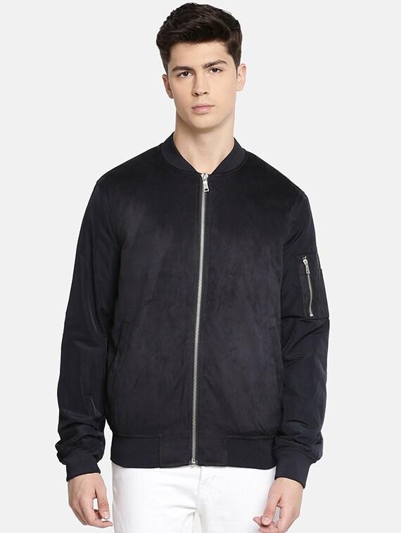 Navy Blue Solid Bomber Jacket