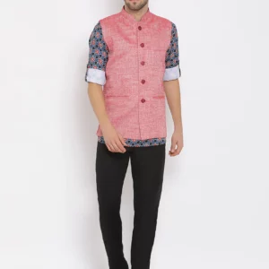 Blue Printed Linen Kurta Trouser Set With Solid Nehru Jacket