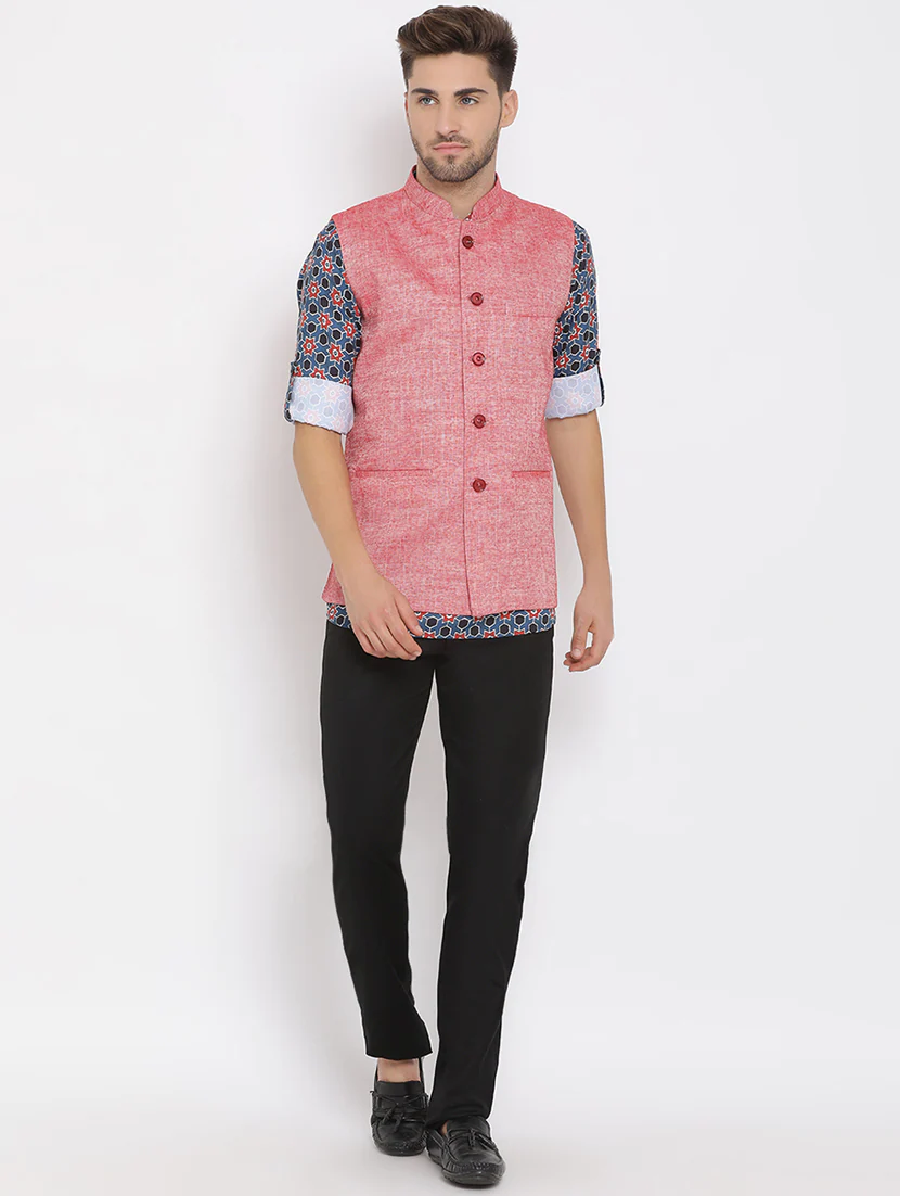 Blue Printed Linen Kurta Trouser Set With Solid Nehru Jacket