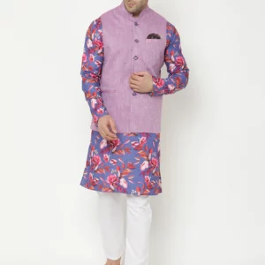 Blue Printed Kurta Pyjama Set With Purple Solid Nehru Jacket