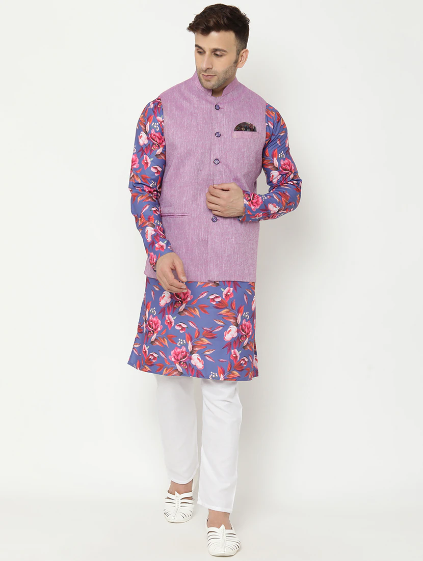 Blue Printed Kurta Pyjama Set With Purple Solid Nehru Jacket