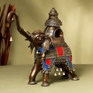 Brass Dhokra Elephant Up Trunk Statue With Temple (15.5 Inch)