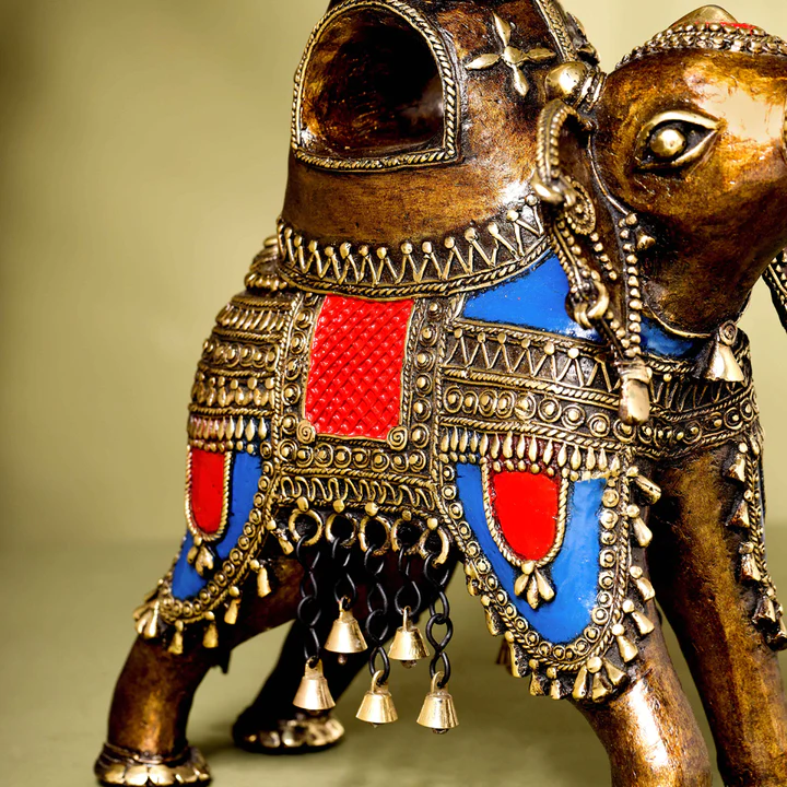 Brass Dhokra Elephant Up Trunk Statue With Temple (15.5 Inch) - Image 2
