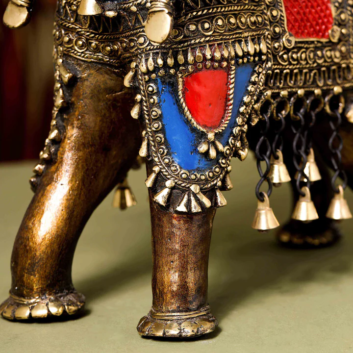 Brass Dhokra Elephant Up Trunk Statue With Temple (15.5 Inch) - Image 3