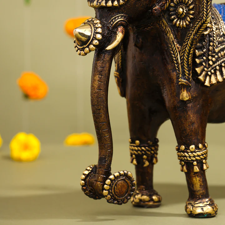 Brass Dhokra Elephant Down Trunk Statue (11.5 Inch) - Image 2