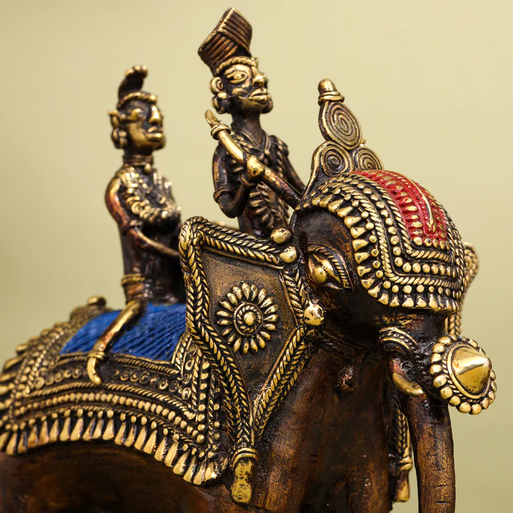 Brass Dhokra Elephant Down Trunk Statue (11.5 Inch) - Image 3