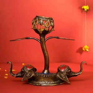 Brass Dhokra Elephant Lotus Candle Holder (11 Inch)