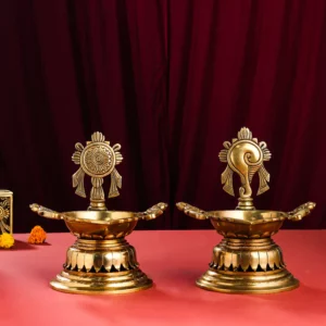 Brass Superfine Shankh Chakra And Namah Diya Set (9.5 Inch)