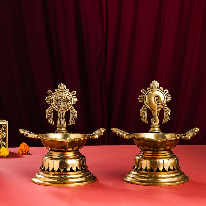 Brass Superfine Shankh Chakra And Namah Diya Set (9.5 Inch)