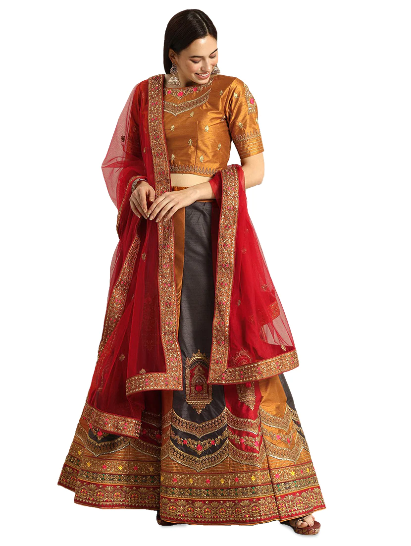 Multi Colored Raw Silk Flared Lehenga